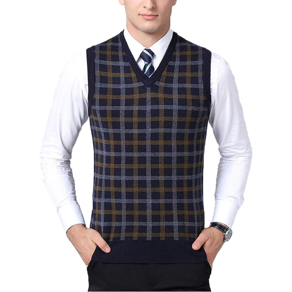 imageFlygo Mens Slim Fit Plaid Knitted VNeck Sweater Vests PulloverNavy