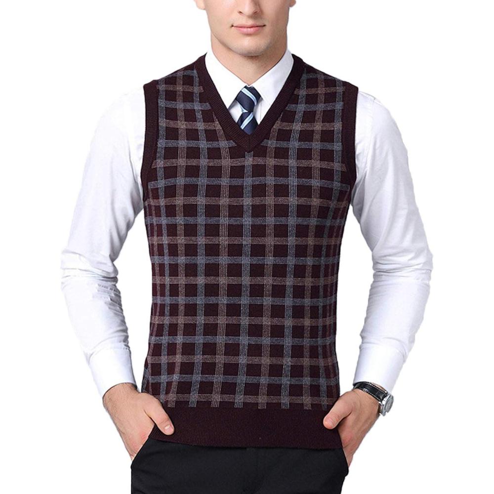 imageFlygo Mens Slim Fit Plaid Knitted VNeck Sweater Vests PulloverWine Red