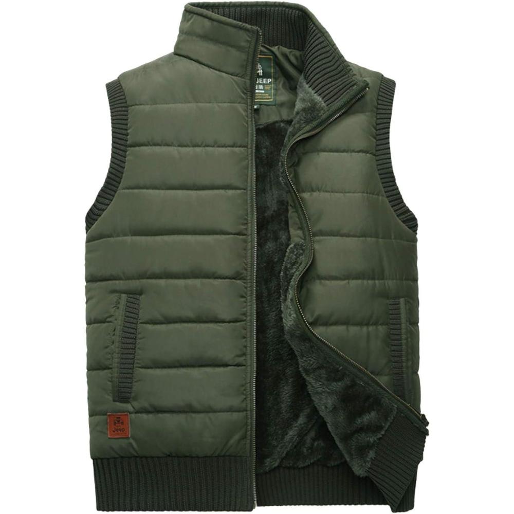 imageFlygo Mens Stylish Stand Collar Fleece Down Quilted Puffer Vest Active Bodywarmer GiletArmy Green