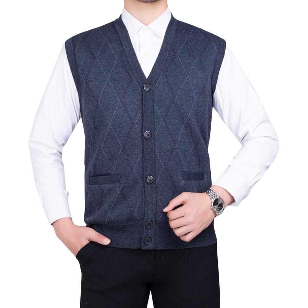 imageFlygo Mens Thermal Fleece Vest VNeck Button Up Knit Argyle Sweater VestsDark Grey