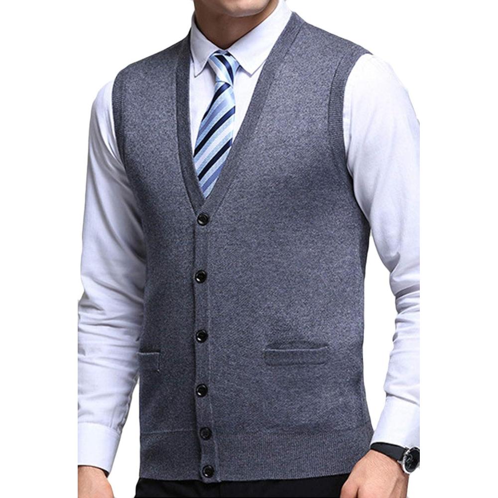 imageFlygo Mens VNeck Knitting Vest Classic Wool Blend Button Down Sweater VestGrey