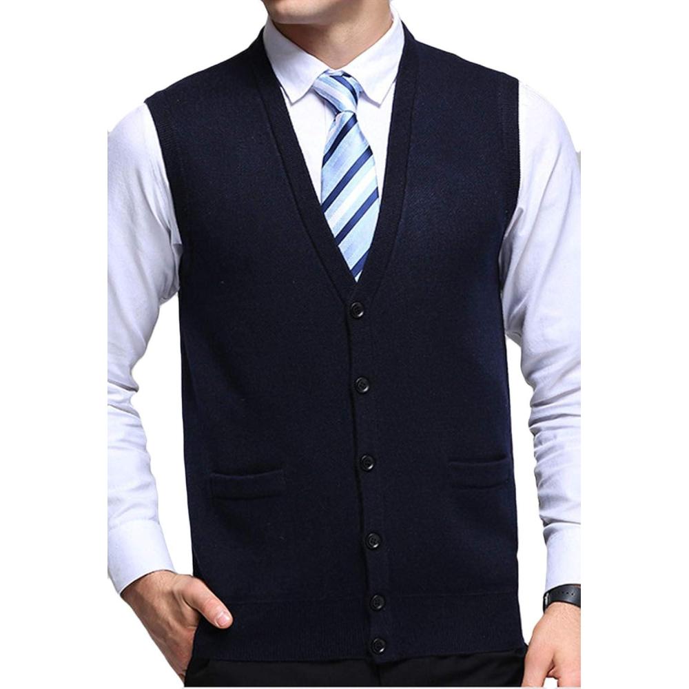 imageFlygo Mens VNeck Knitting Vest Classic Wool Blend Button Down Sweater VestNavy