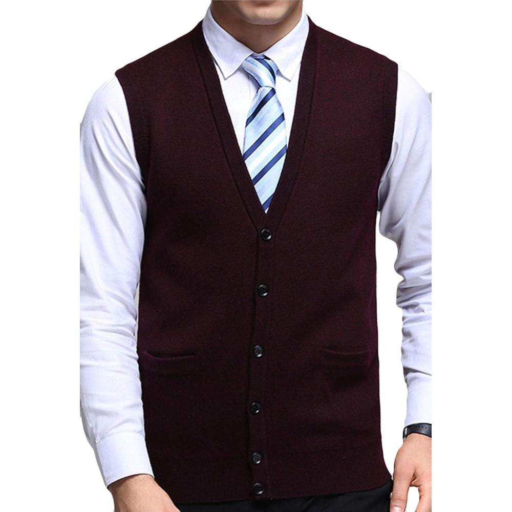 imageFlygo Mens VNeck Knitting Vest Classic Wool Blend Button Down Sweater VestSauce Red