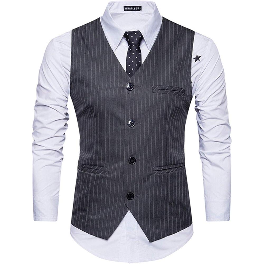 imageFlygo Mens VNeck SingleBreasted Slim Fit Business Wedding Dress Suit Vest WaistcoatGrey