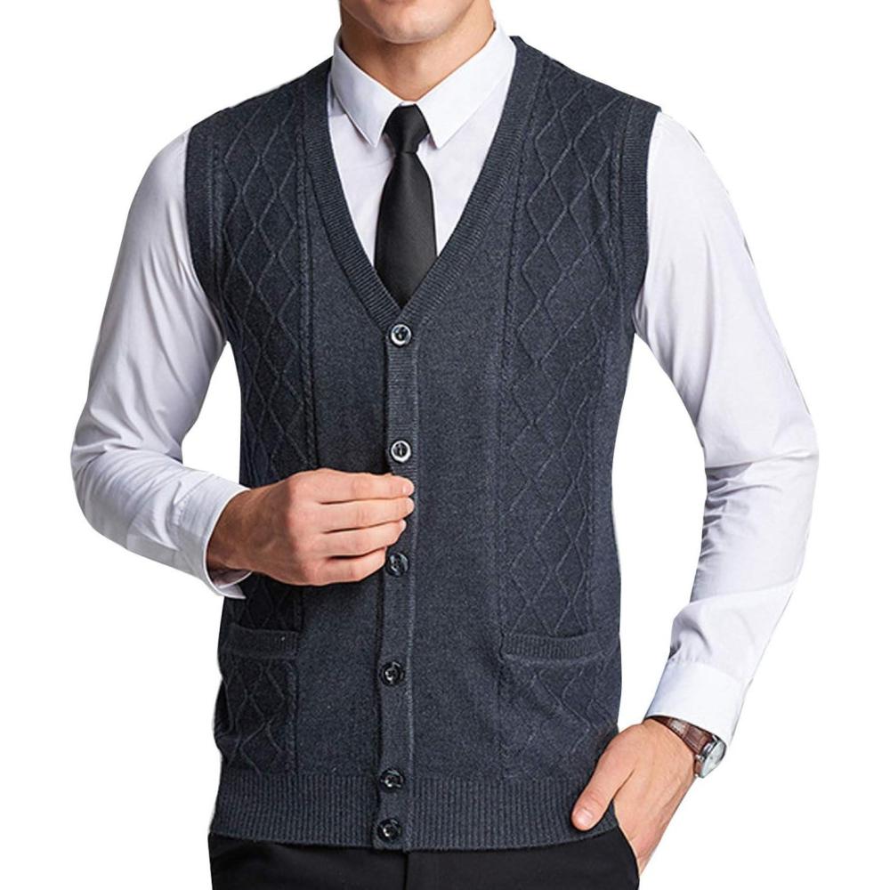 imageFlygo Mens VNeck Wool Knitted Sweater Vest Knitwear Waistcoat with Button FrontDark Grey