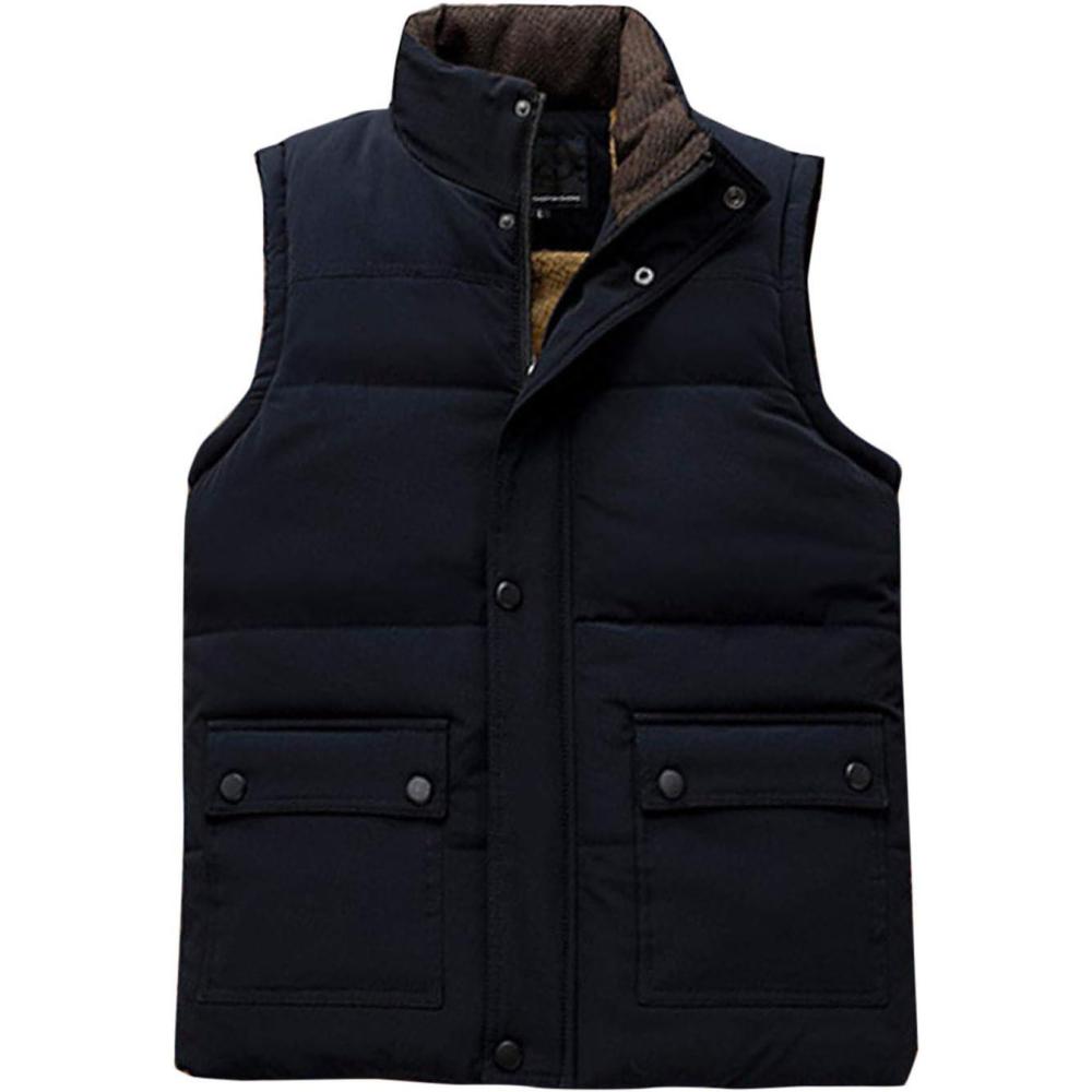 imageFlygo Mens Warm Fleece Lined Quilted Puffer Vest Outdoor Padded Sleeveless JacketNavy