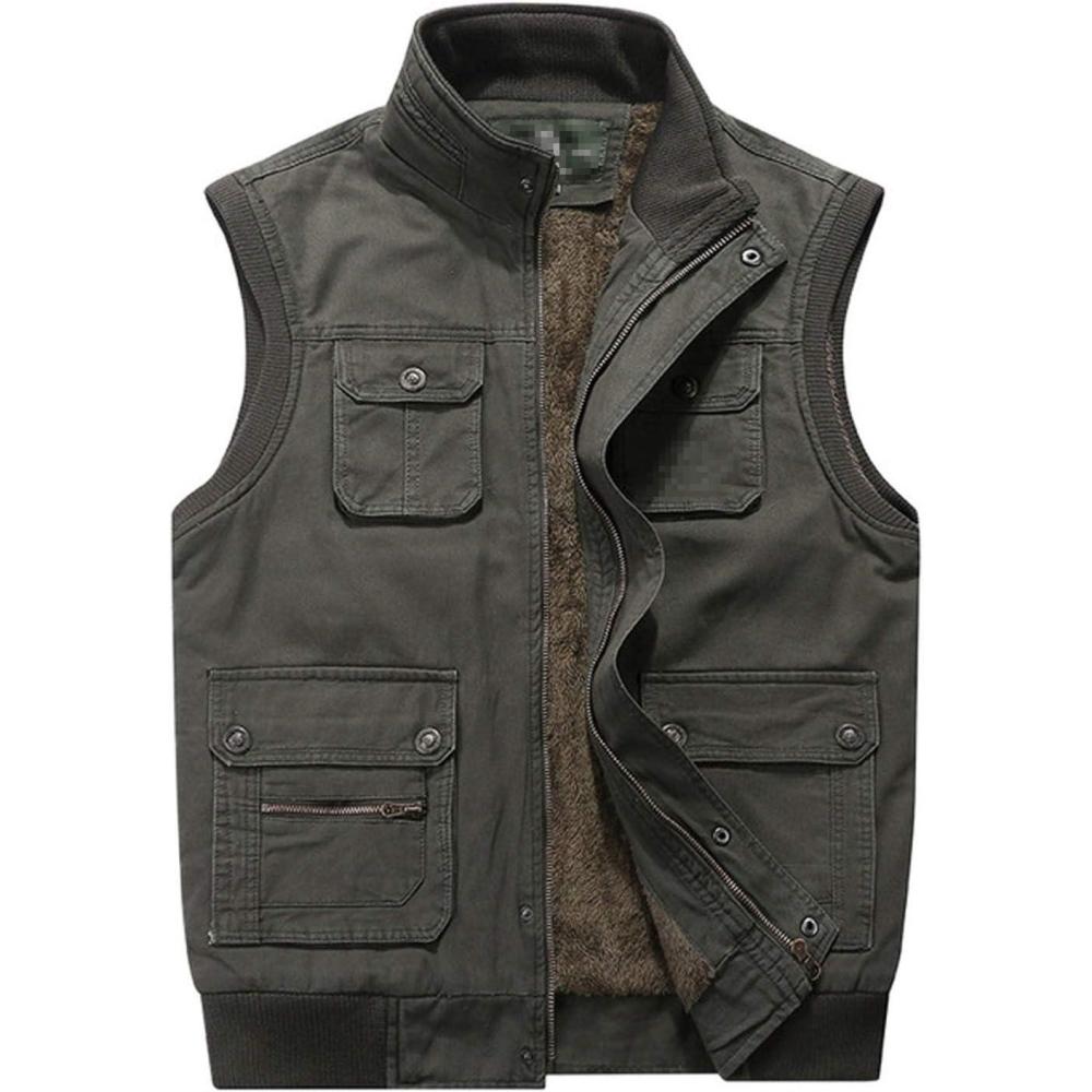 imageFlygo Mens Warm Fleece Padded Full Zip Up MultiPocket Outdoor Lightweight VestArmy Green