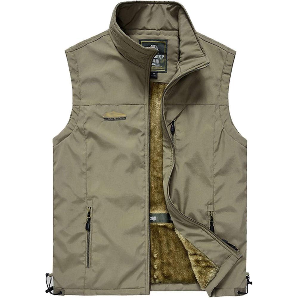 imageFlygo Mens Winter Outdoor Fleece Lightweight Travel Safari Vest Outerwear Sleeveless Jacket01 Khaki