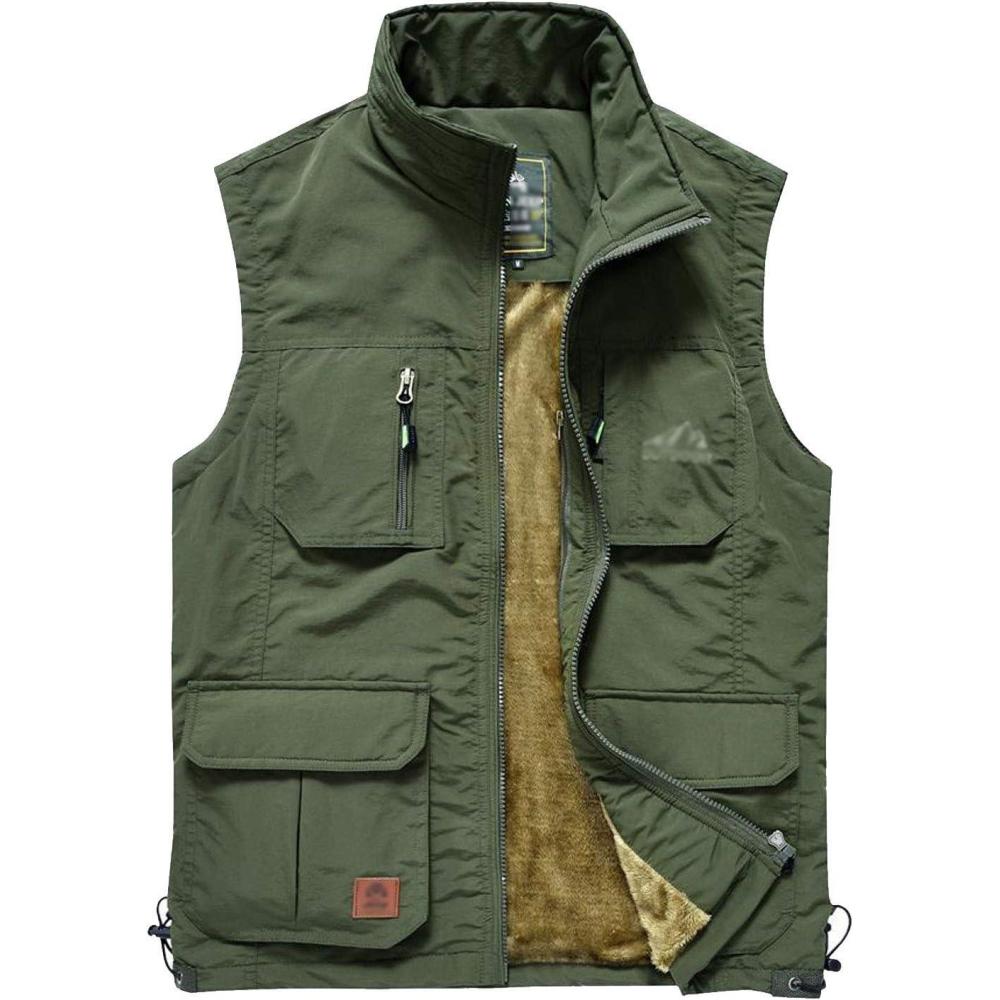 imageFlygo Mens Winter Outdoor Fleece Lightweight Travel Safari Vest Outerwear Sleeveless Jacket02 Green
