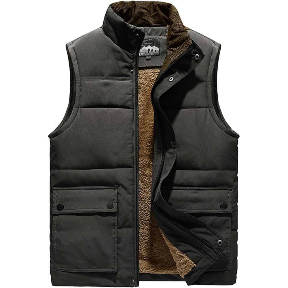 imageFlygo Mens Winter Warm Outdoor Fleece Lined Padded Puffer Sleeveless Vest JacketArmy Green
