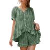 imageFlygo Womens Gingham Pajamas Set 2 Piece Cotton Pj Lounge Sets Puff Sleeve Ruffle Babydoll Shirt Shorts Summer OutfitsDark Green