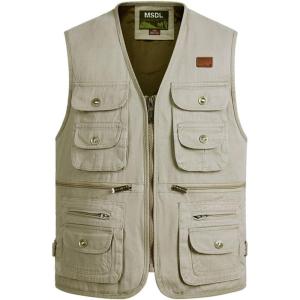imageFlygo Mens 100 Cotton Outdoor Multiple Pockets Safari Fishing Journalist Vest Waistcoat Large CreamyWhite