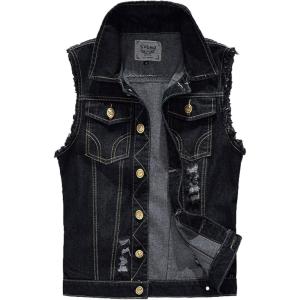imageFlygo Mens Button Down Distressed Denim Vest Ripped Trucker Jean OutwearBlack