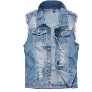 imageFlygo Mens Button Down Distressed Denim Vest Ripped Trucker Jean OutwearLight Blue