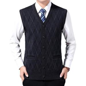 imageFlygo Mens Casual Argyle V Neck Button Front Wool Knitted Sweater Vest WaistcoatNavy