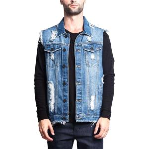 imageFlygo Mens Classic Button Down Ripped Denim Jean Vest Sleeveless JacketDark Blue