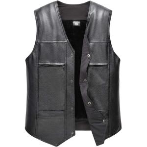 imageFlygo Mens Classic PU Leather Vest Fleece Sherpa Lined Waistcoat Sleeveless Button Down V Neck JacketBlack