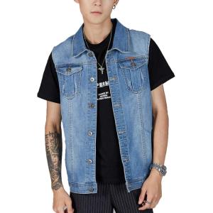 imageFlygo Mens Lapel Button Down Sleeveless Denim Jean Vest Trucker Jacket Waistcoat 3XLLight Blue