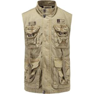 imageFlygo Mens Military Outdoor Multi Pockets Climbing Hiking Sleeveless Cotton Mesh Vest JacketKhaki