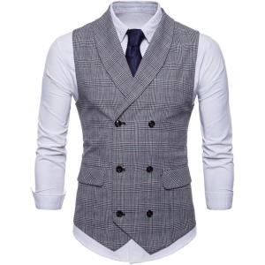 imageFlygo Mens Slim Fit Plaid Formal Business Vest for Suit Tuxedo WaistcoatGrey