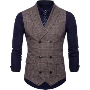 imageFlygo Mens Slim Fit Plaid Formal Business Vest for Suit Tuxedo WaistcoatKhaki