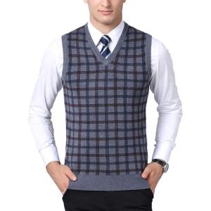 imageFlygo Mens Slim Fit Plaid Knitted VNeck Sweater Vests PulloverGrey