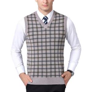 imageFlygo Mens Slim Fit Plaid Knitted VNeck Sweater Vests PulloverKhaki