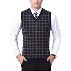 imageFlygo Mens Slim Fit Plaid Knitted VNeck Sweater Vests PulloverNavy