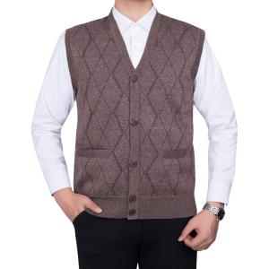 imageFlygo Mens Thermal Fleece Vest VNeck Button Up Knit Argyle Sweater VestsKhaki