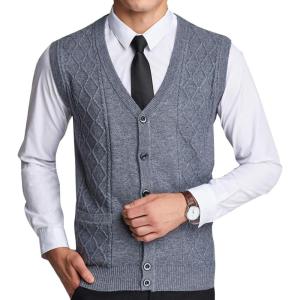 imageFlygo Mens VNeck Wool Knitted Sweater Vest Knitwear Waistcoat with Button FrontLight Grey