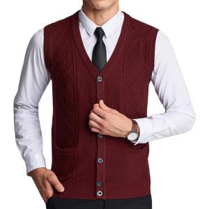 imageFlygo Mens VNeck Wool Knitted Sweater Vest Knitwear Waistcoat with Button FrontWine Red
