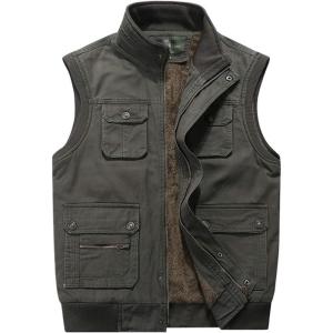 imageFlygo Mens Warm Fleece Padded Full Zip Up MultiPocket Outdoor Lightweight VestArmy Green