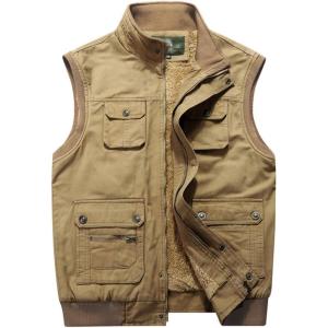 imageFlygo Mens Warm Fleece Padded Full Zip Up MultiPocket Outdoor Lightweight VestKhaki