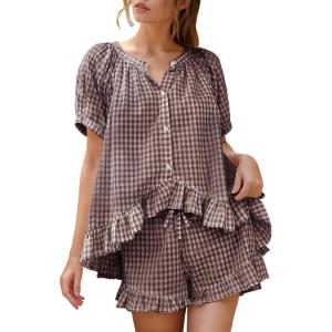 imageFlygo Womens Gingham Pajamas Set 2 Piece Cotton Pj Lounge Sets Puff Sleeve Ruffle Babydoll Shirt Shorts Summer OutfitsCoffee