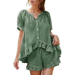 imageFlygo Womens Gingham Pajamas Set 2 Piece Cotton Pj Lounge Sets Puff Sleeve Ruffle Babydoll Shirt Shorts Summer OutfitsDark Green