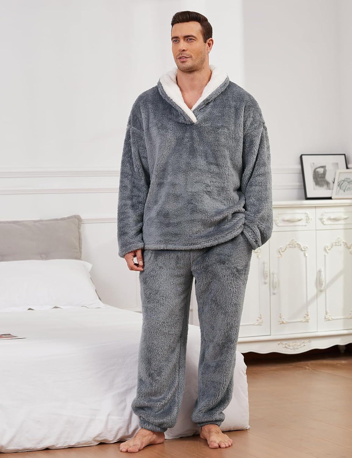 Flygo Mens Pajamas Set Winter Warm Coral Fleece Pajamas Fuzzy Pants 