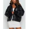 imageFlygo Womens Faux Leather Puffer Jacket Baggy Full Zip Padded Winter CoatBlack