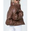 imageFlygo Womens Faux Leather Puffer Jacket Baggy Full Zip Padded Winter CoatBrown