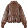 imageFlygo Womens Faux Leather Puffer Jacket Baggy Full Zip Padded Winter CoatBrown