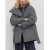 imageFlygo Womens Quilted Puffer Jacket Stand Collar Full Zip MidLength Parka Jackets Warm Winter Coats with BeltGrey