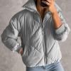 imageFlygo Womens Winter Crop Down Jacket Zipper Quilted Puffer Short Coat Bubble Warm Padded OuterwearGrey