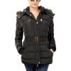 imageFlygo Womens Belted Puffer Jacket Quilted Zip Up Coat with Faux Fur Hood TrimBlack