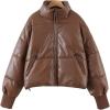 imageFlygo Womens Faux Leather Puffer Jacket Baggy Full Zip Padded Winter CoatBrown