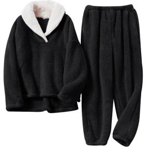 imageFlygo Mens Pajamas Set Winter Warm Coral Fleece Pajamas Fuzzy Pants Lounge Set Loose Plush SleepwearBlack