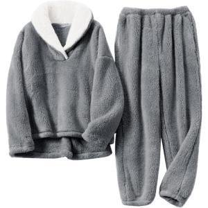 imageFlygo Mens Pajamas Set Winter Warm Coral Fleece Pajamas Fuzzy Pants Lounge Set Loose Plush SleepwearGrey