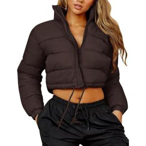 imageFlygo Women Cropped Puffer Jacket Winter Long Sleeve Quilted Puffy Bubble Padded Short Coats with DrawstringCoffeeL