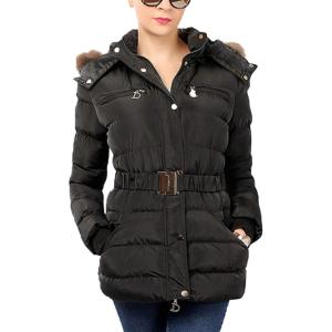 imageFlygo Womens Belted Puffer Jacket Quilted Zip Up Coat with Faux Fur Hood TrimBlack