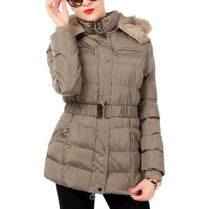 imageFlygo Womens Belted Puffer Jacket Quilted Zip Up Coat with Faux Fur Hood TrimKhaki