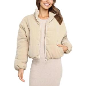 imageFlygo Womens Corduroy Jackets Casual Padded Full Zip Stand Collar Puffer CoatBeige