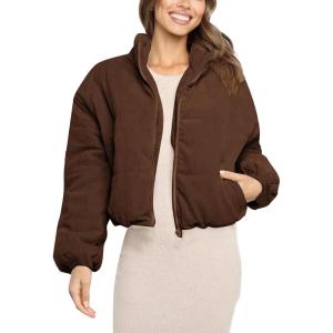 imageFlygo Womens Corduroy Jackets Casual Padded Full Zip Stand Collar Puffer CoatCoffee